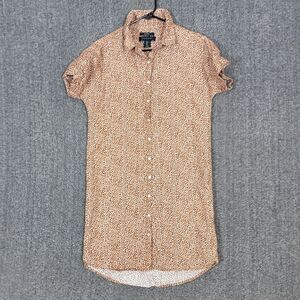 Tahari Shirt Dress Womens Small Brown White 100% Linen Short Sleeve Button Up